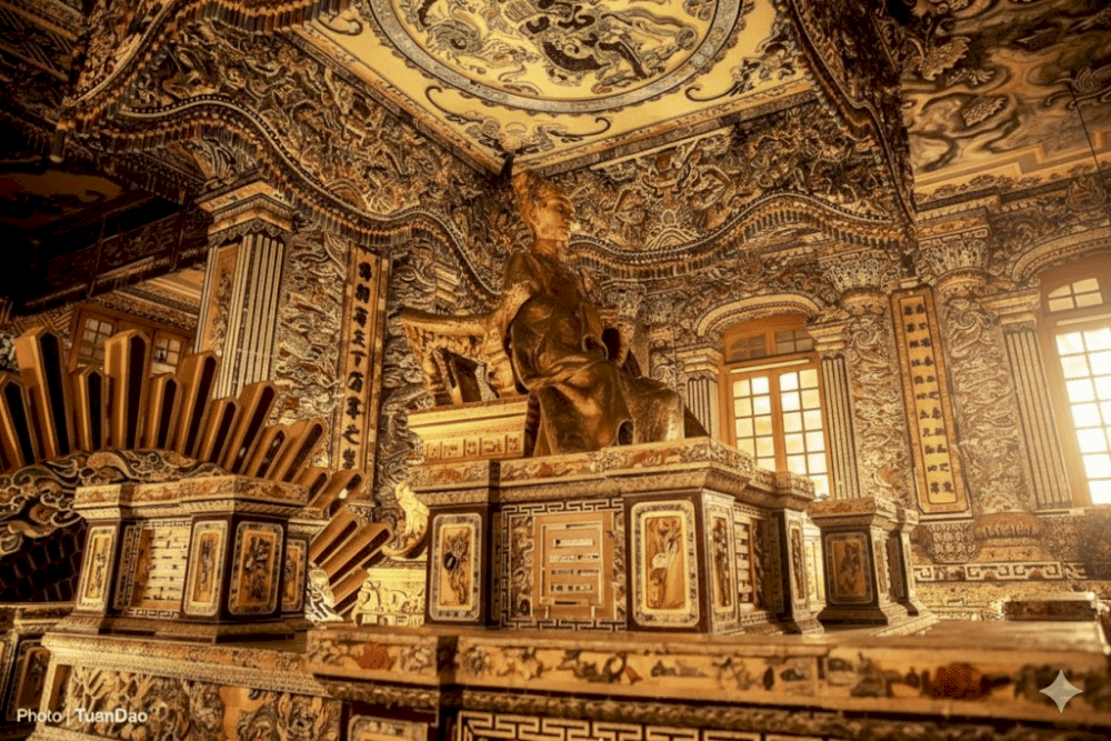 Located in nearby Hue, Khai Dinh Tomb represents one of Vietnam's most ornate royal burial sites, combining Vietnamese and French architecture